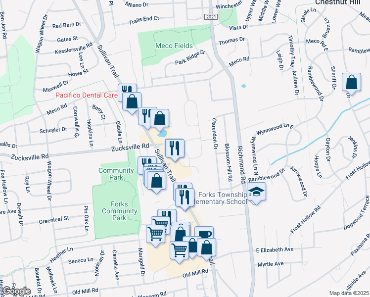 map of restaurants, bars, coffee shops, grocery stores, and more near 1999 Mercer Way in Easton