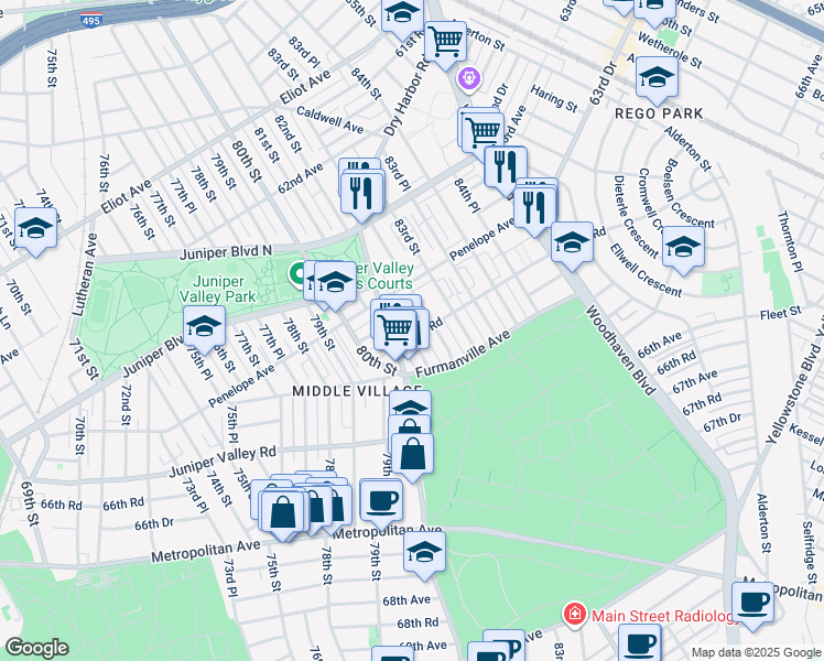 map of restaurants, bars, coffee shops, grocery stores, and more near 82-03 64th Road in Queens