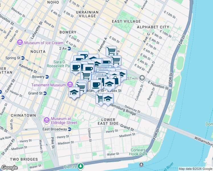 map of restaurants, bars, coffee shops, grocery stores, and more near 172 Rivington Street in New York