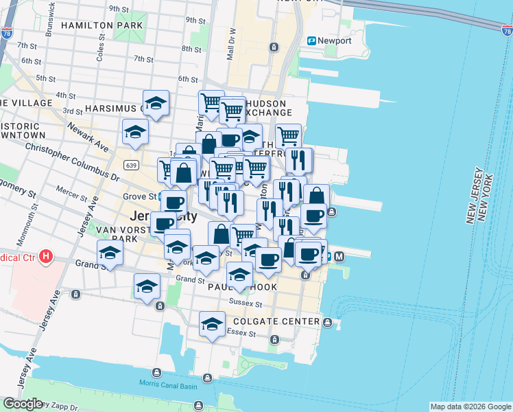 map of restaurants, bars, coffee shops, grocery stores, and more near 311 Washington Street in Jersey City
