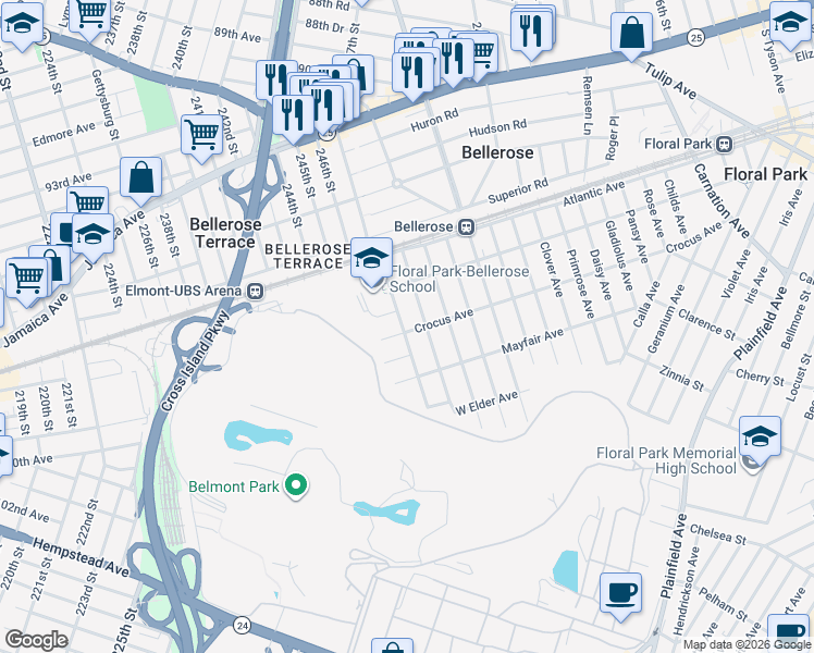 map of restaurants, bars, coffee shops, grocery stores, and more near 39 Larch Avenue in Floral Park