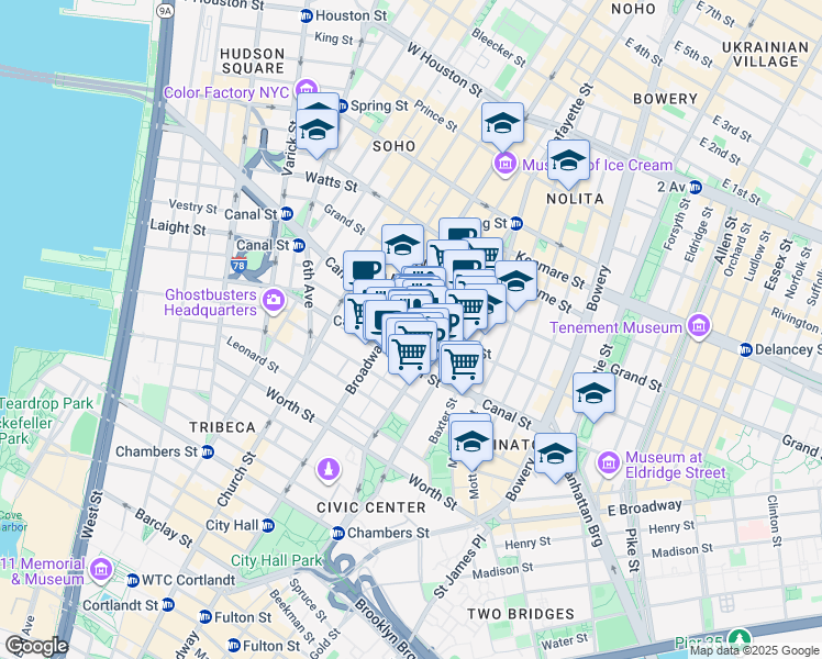 map of restaurants, bars, coffee shops, grocery stores, and more near in New York