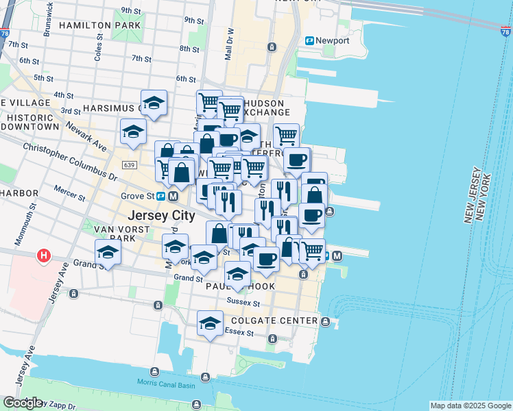 map of restaurants, bars, coffee shops, grocery stores, and more near 311 Washington Street in Jersey City