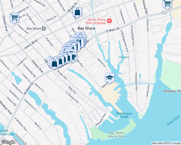 map of restaurants, bars, coffee shops, grocery stores, and more near 49 Maple Avenue in Bay Shore