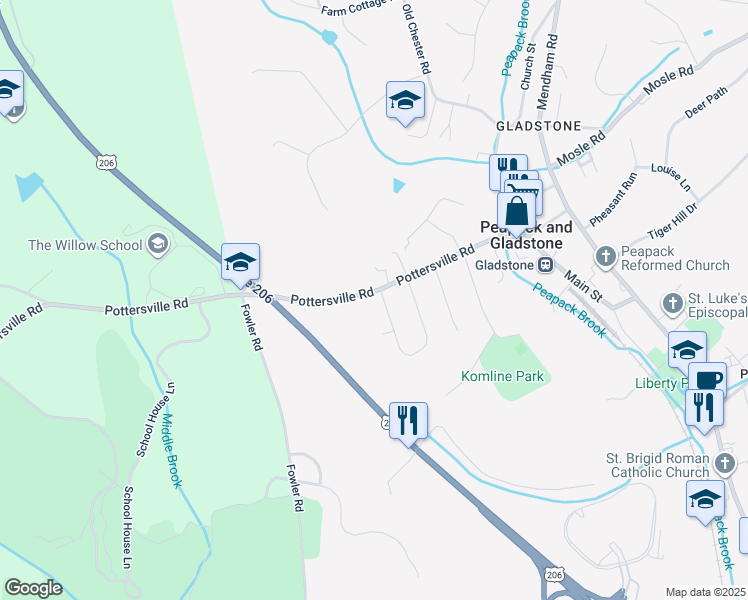 map of restaurants, bars, coffee shops, grocery stores, and more near 2 West Avenue in Peapack and Gladstone