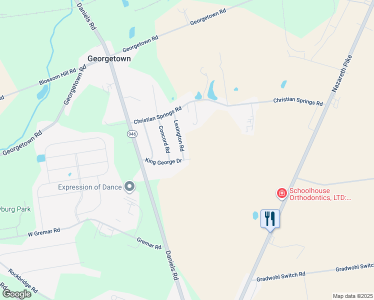 map of restaurants, bars, coffee shops, grocery stores, and more near 677 Lexington Road in Nazareth