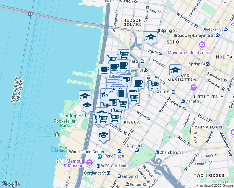 map of restaurants, bars, coffee shops, grocery stores, and more near 361 Greenwich Street in New York