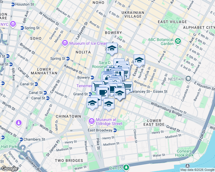 map of restaurants, bars, coffee shops, grocery stores, and more near 55 Delancey Street in New York