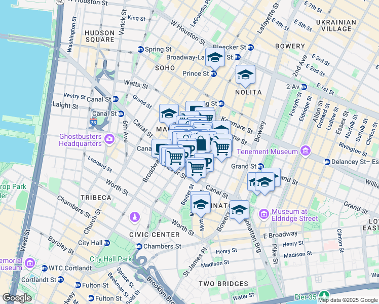 map of restaurants, bars, coffee shops, grocery stores, and more near Lafayette St & Howard St in New York