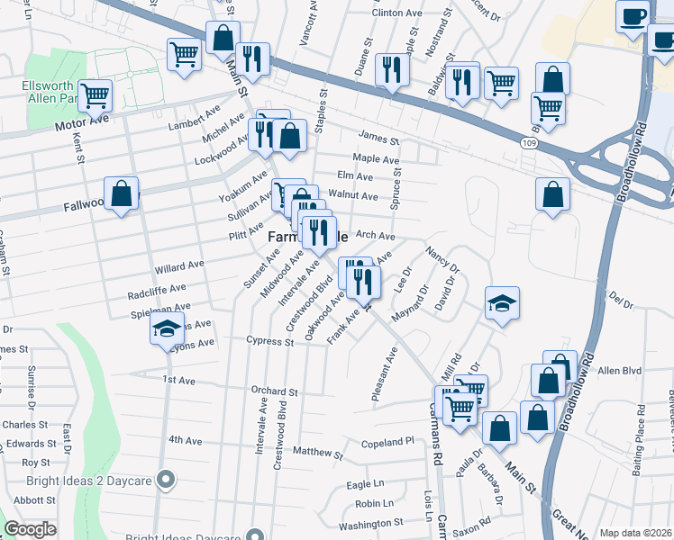 map of restaurants, bars, coffee shops, grocery stores, and more near Main St & Crestwood Blvd in South Farmingdale