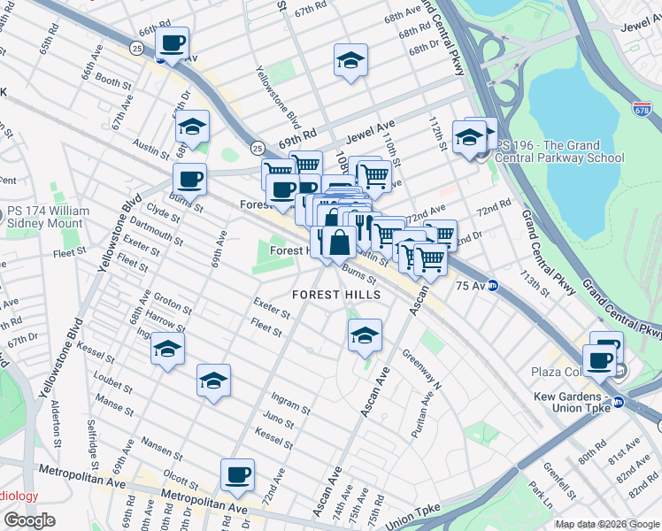 map of restaurants, bars, coffee shops, grocery stores, and more near 6 Station Square in Queens