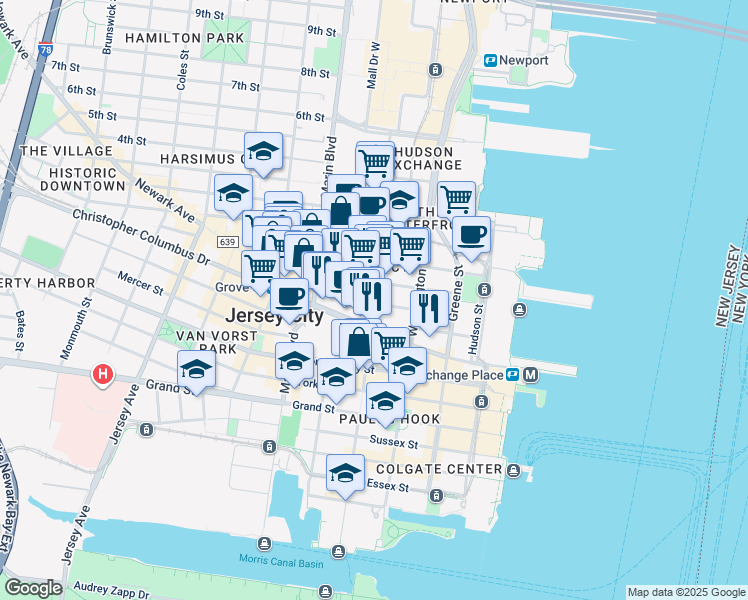 map of restaurants, bars, coffee shops, grocery stores, and more near 321 Warren Street in Jersey City