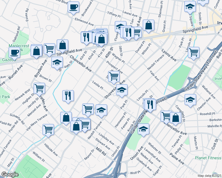 map of restaurants, bars, coffee shops, grocery stores, and more near 879 Stuyvesant Avenue in Irvington