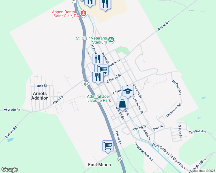 map of restaurants, bars, coffee shops, grocery stores, and more near 23 South 2nd Street in Saint Clair