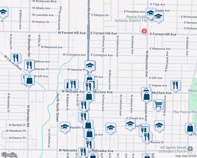 map of restaurants, bars, coffee shops, grocery stores, and more near 204 E Gift Ave in Peoria