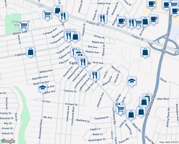 map of restaurants, bars, coffee shops, grocery stores, and more near 821 Main Street in Farmingdale