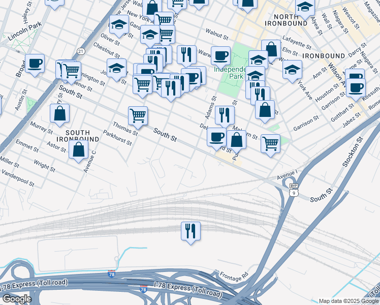map of restaurants, bars, coffee shops, grocery stores, and more near 369 Thomas Street in Newark