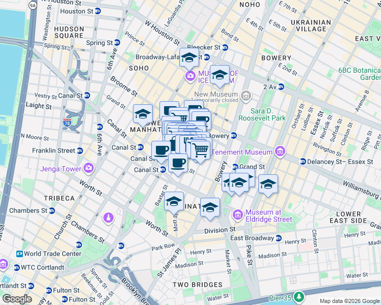 map of restaurants, bars, coffee shops, grocery stores, and more near 142 Mulberry Street in New York