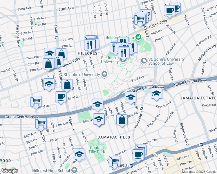 map of restaurants, bars, coffee shops, grocery stores, and more near 81-98 170th Street in Queens