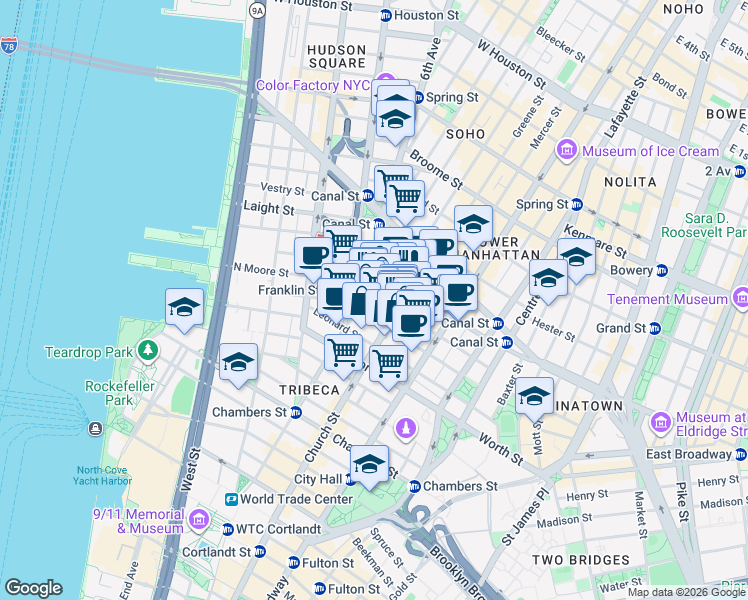 map of restaurants, bars, coffee shops, grocery stores, and more near 273 Church Street in New York
