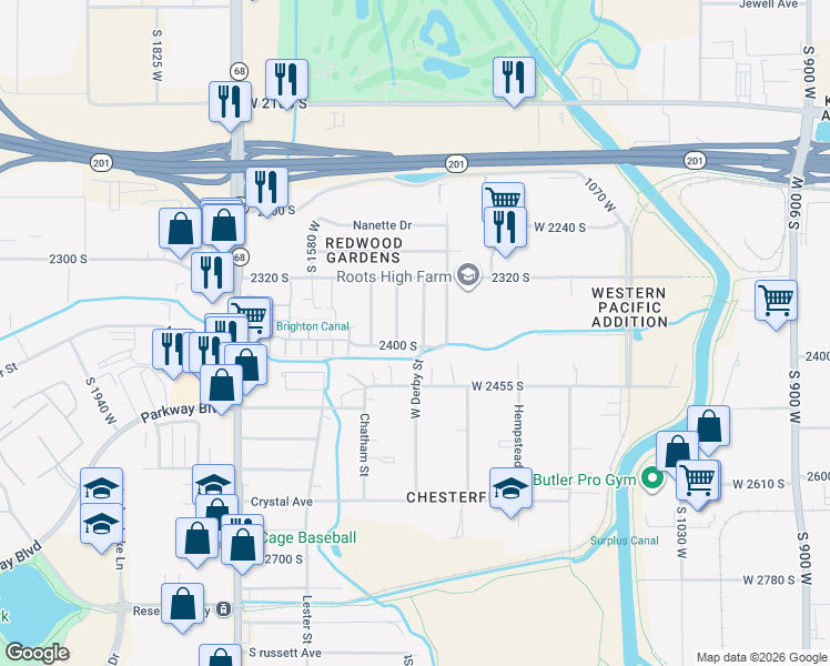 map of restaurants, bars, coffee shops, grocery stores, and more near 1388 West 2400 South in West Valley City