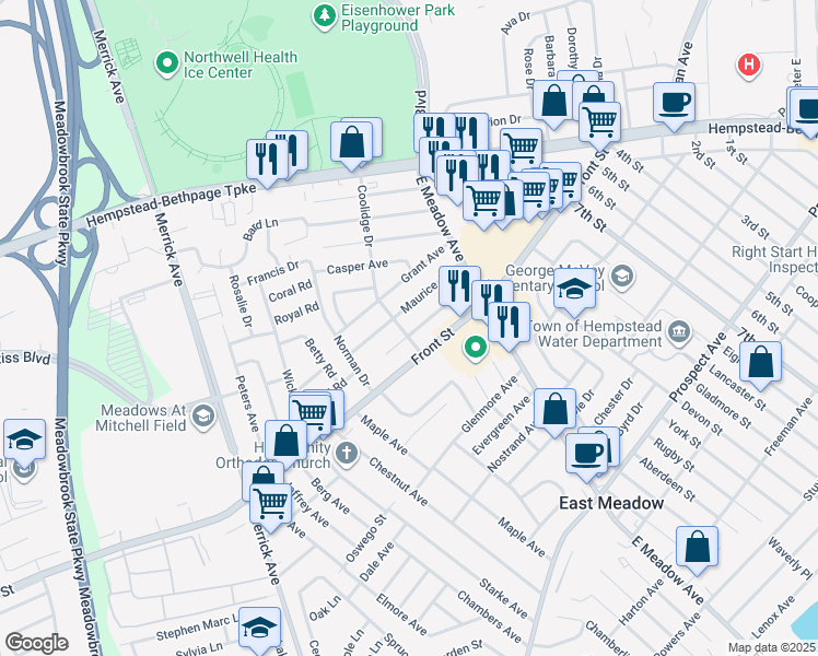 map of restaurants, bars, coffee shops, grocery stores, and more near 176 Coolidge Drive in East Meadow