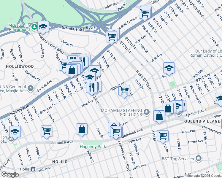 map of restaurants, bars, coffee shops, grocery stores, and more near 90-02 209th Street in Queens