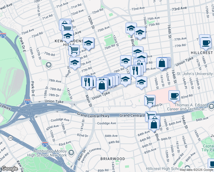 map of restaurants, bars, coffee shops, grocery stores, and more near 79-19 147th Street in Queens