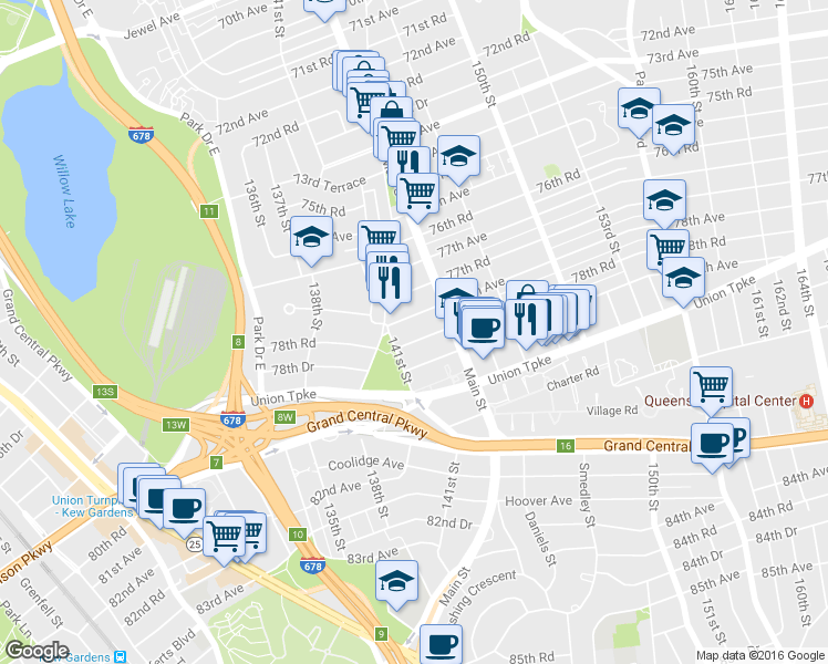 map of restaurants, bars, coffee shops, grocery stores, and more near 141-21 78th Road in Queens