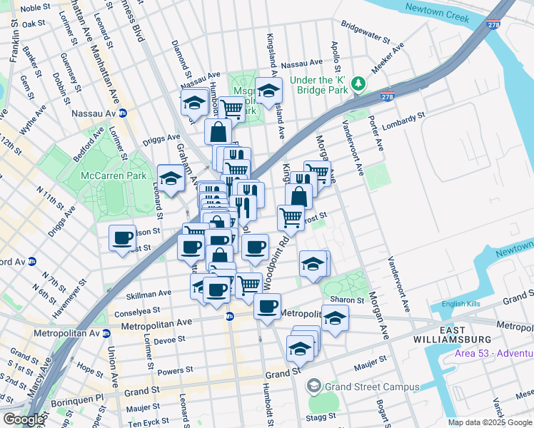 map of restaurants, bars, coffee shops, grocery stores, and more near 216 Richardson Street in Brooklyn