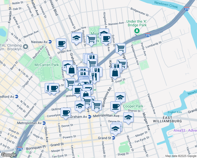 map of restaurants, bars, coffee shops, grocery stores, and more near 216 Richardson Street in Brooklyn