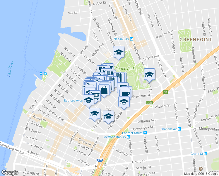 map of restaurants, bars, coffee shops, grocery stores, and more near 460 Driggs Avenue in Brooklyn