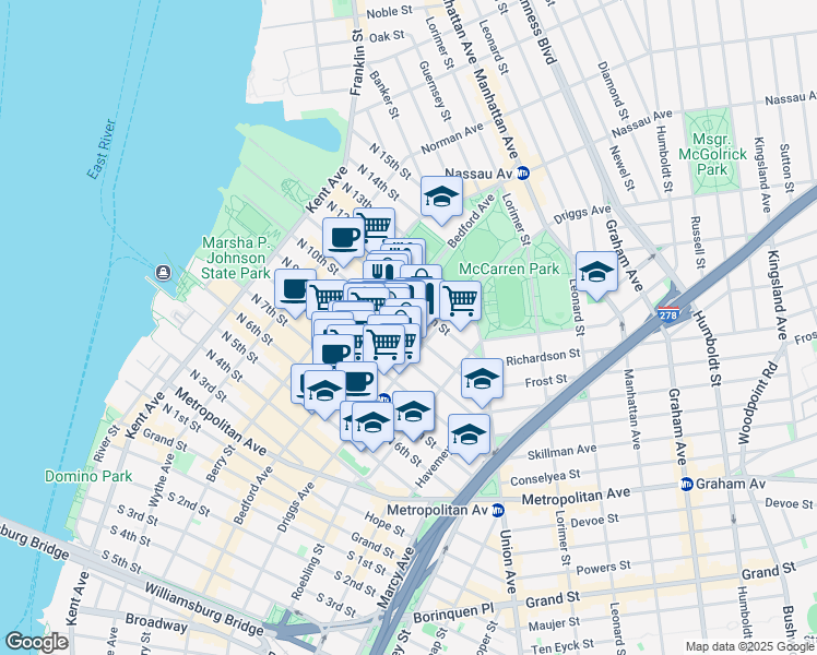 map of restaurants, bars, coffee shops, grocery stores, and more near 167 North 9th Street in Brooklyn
