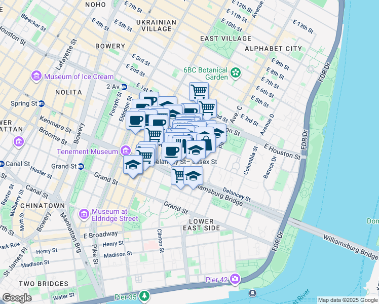 map of restaurants, bars, coffee shops, grocery stores, and more near 42 Clinton Street in New York