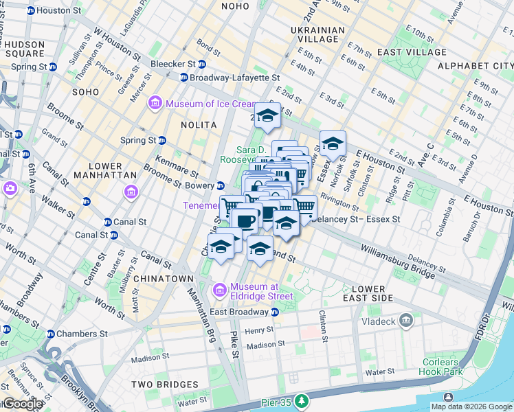 map of restaurants, bars, coffee shops, grocery stores, and more near 117 Orchard Street in New York