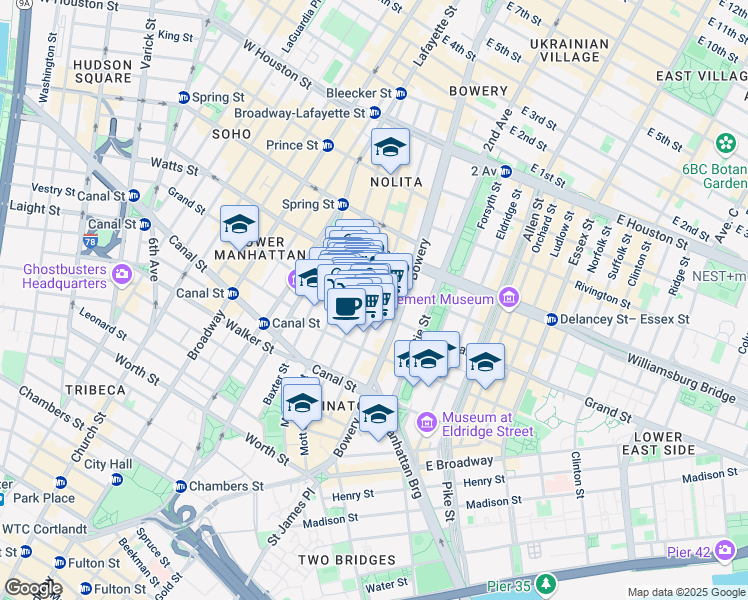 map of restaurants, bars, coffee shops, grocery stores, and more near 203 Grand Street in New York