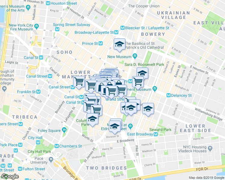 map of restaurants, bars, coffee shops, grocery stores, and more near 203 Grand Street in New York