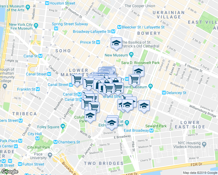map of restaurants, bars, coffee shops, grocery stores, and more near 203 Grand Street in New York