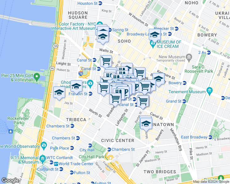 map of restaurants, bars, coffee shops, grocery stores, and more near 407 Broadway in New York
