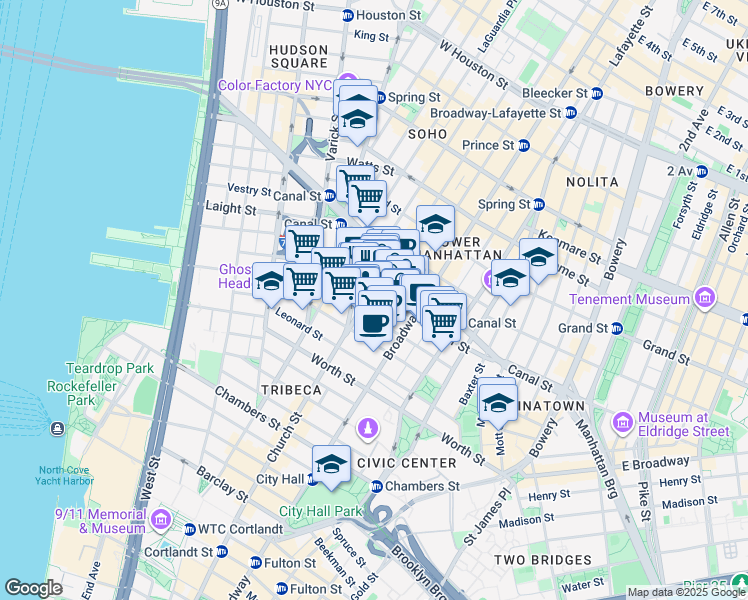map of restaurants, bars, coffee shops, grocery stores, and more near 39 Walker Street in New York
