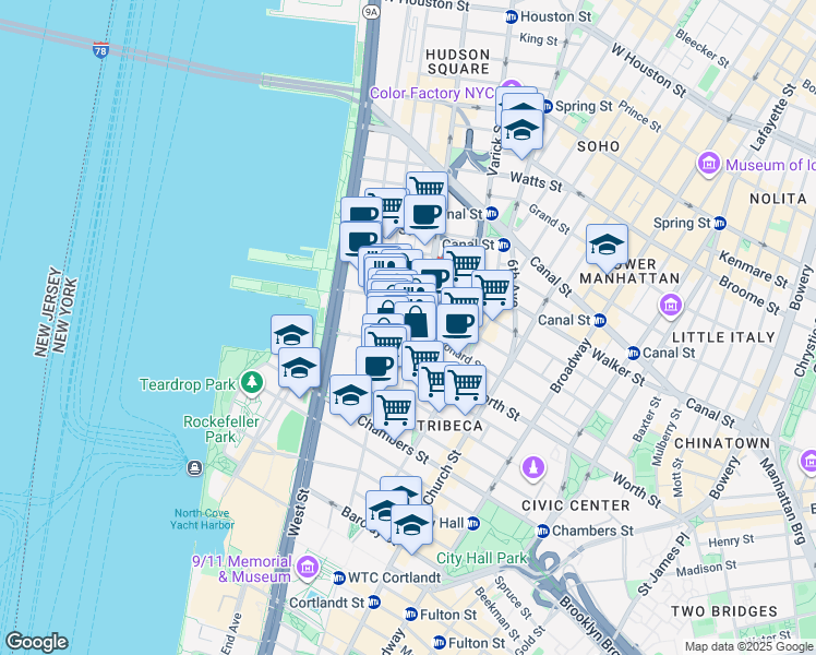 map of restaurants, bars, coffee shops, grocery stores, and more near 361 Greenwich Street in New York