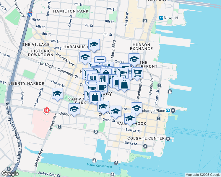 map of restaurants, bars, coffee shops, grocery stores, and more near in Jersey City