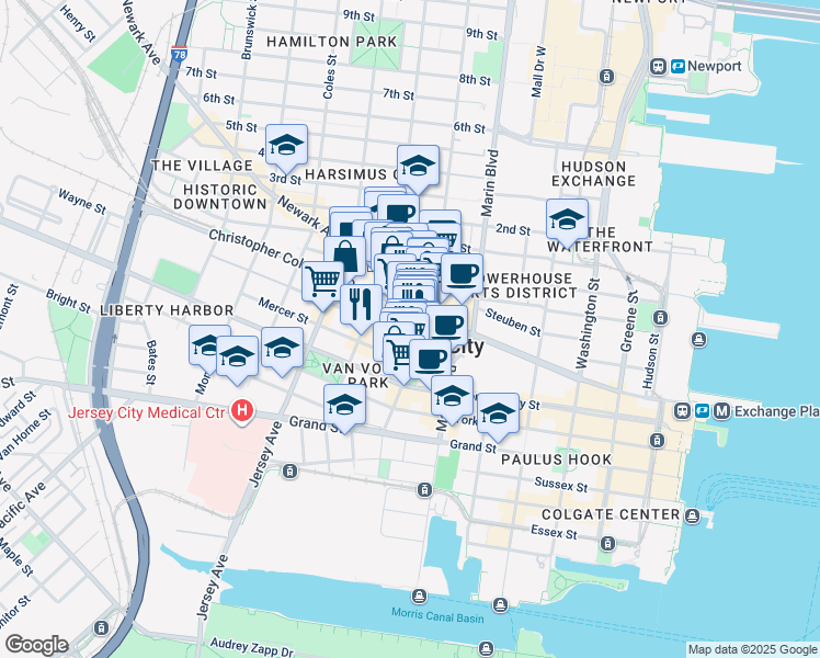map of restaurants, bars, coffee shops, grocery stores, and more near 49 Wayne Street in Jersey City