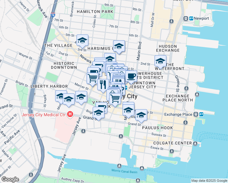map of restaurants, bars, coffee shops, grocery stores, and more near 49 Wayne Street in Jersey City