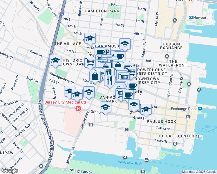 map of restaurants, bars, coffee shops, grocery stores, and more near in Jersey City