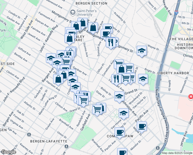 map of restaurants, bars, coffee shops, grocery stores, and more near 81 Cornelison Avenue in Jersey City