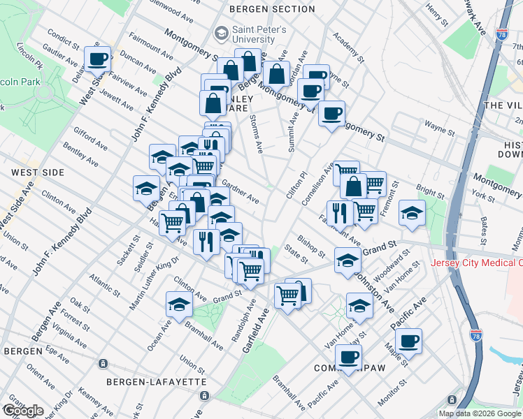 map of restaurants, bars, coffee shops, grocery stores, and more near 110 Summit Avenue in Jersey City