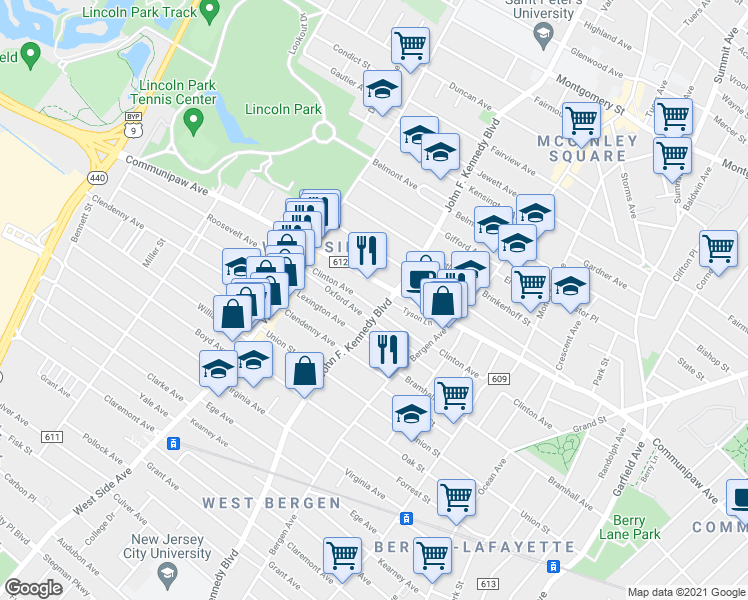 map of restaurants, bars, coffee shops, grocery stores, and more near 193 Clinton Avenue in Jersey City