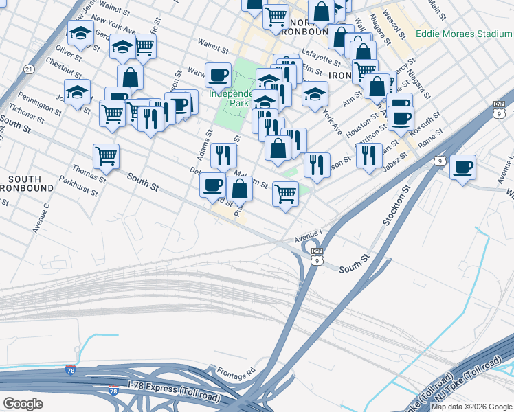 map of restaurants, bars, coffee shops, grocery stores, and more near 174 Clifford Street in Newark
