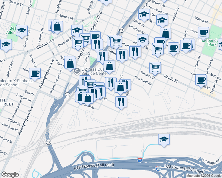 map of restaurants, bars, coffee shops, grocery stores, and more near 222 1/2 Astor Street in Newark